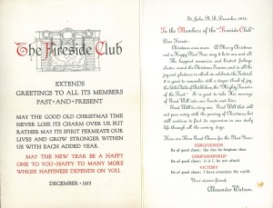 The Fireside Club Christmas card, 1913 &1915